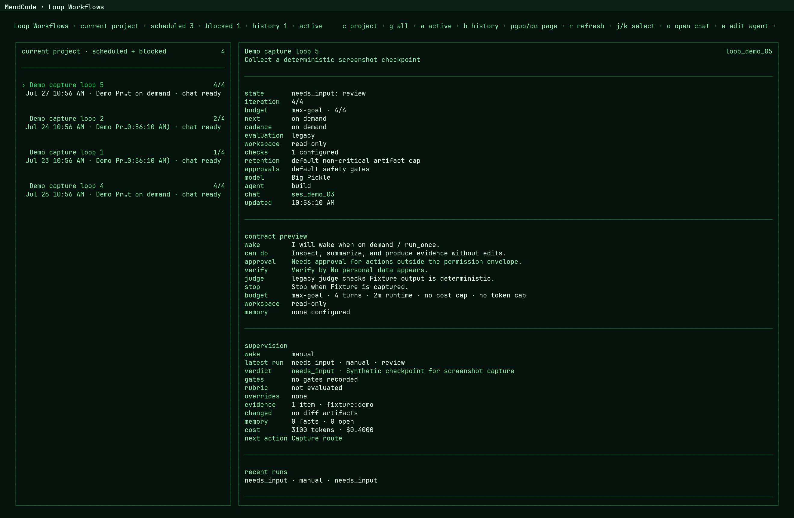 MendCode loop and workflow dashboard